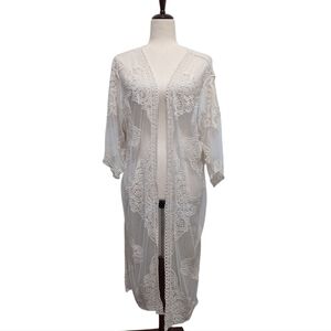 Ivory Lace Kimono Midi Duster Embroidered Short Sleeve Size L/XL